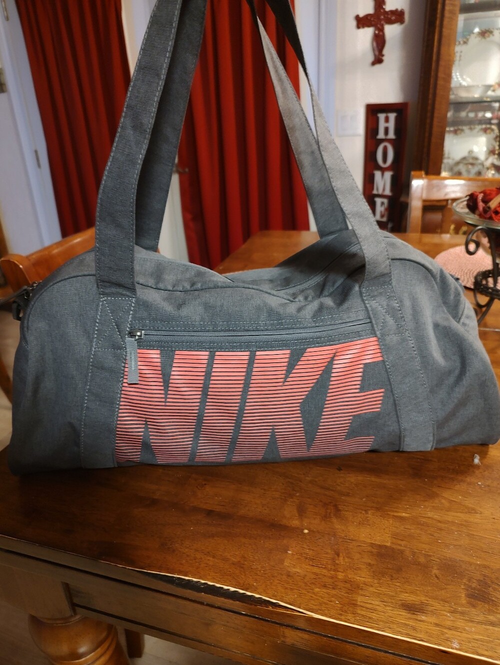 Nike Gray Duffel Bag with Coral Logo
